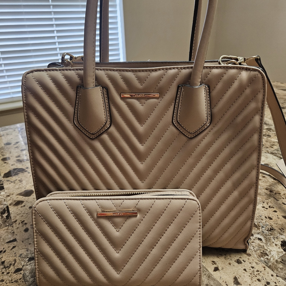Aldo Taupe Quilted Tote and Wallet Set